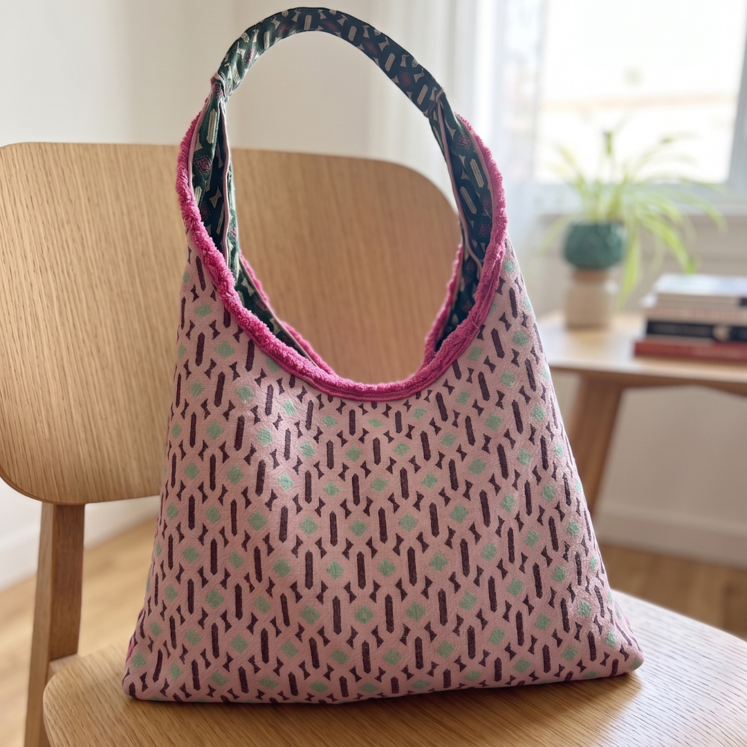 Sac à main réversible en tissus d'ameublement vert et rose