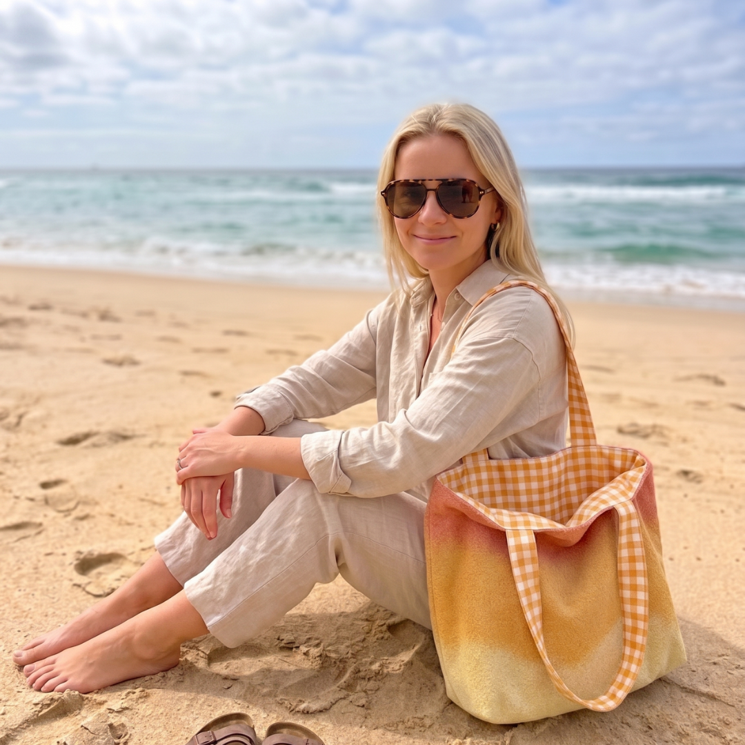 Sac de plage réversible - éponge recyclée et carreaux vichy jaune