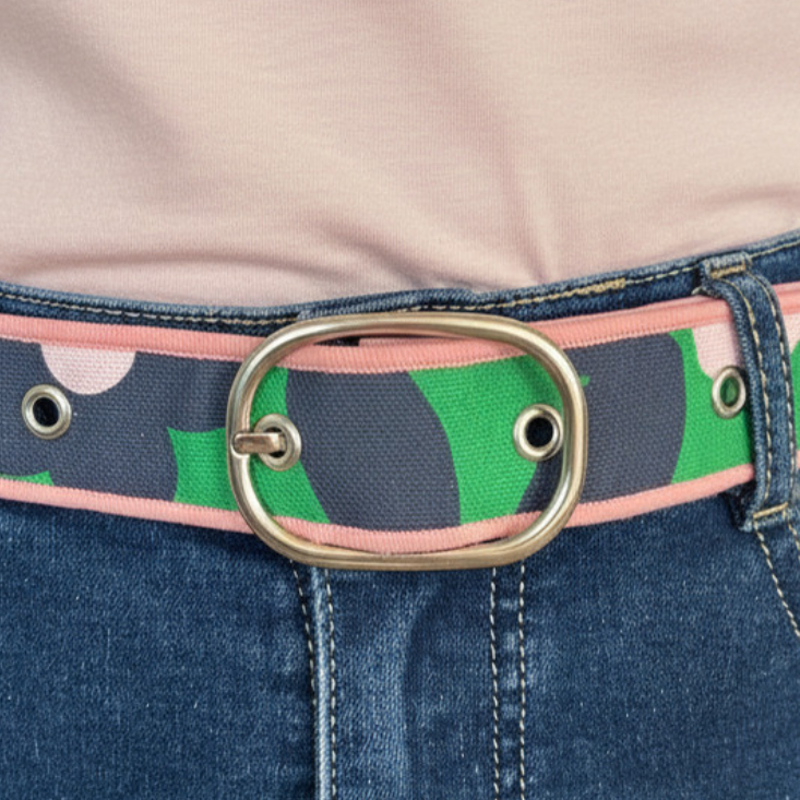Ceinture en tissu d’ameublement vert, bleu & rose jungle – taille 38-40