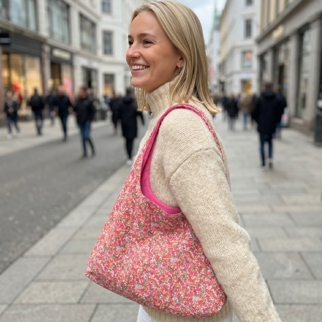 Sac à main réversible en velours et tissu type Liberty - camaïeu de rose