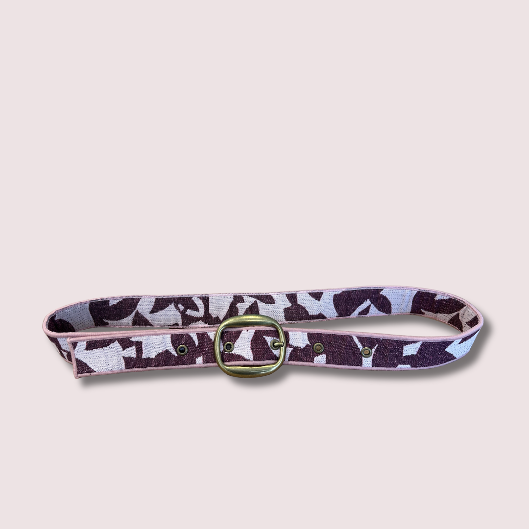 Ceinture en tissu d’ameublement aubergine & rose pâle – pièce unique 38/42