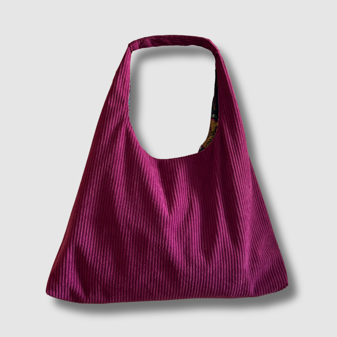 Sac à main réversible en velours et tissus d'ameublement - framboise et émeraude