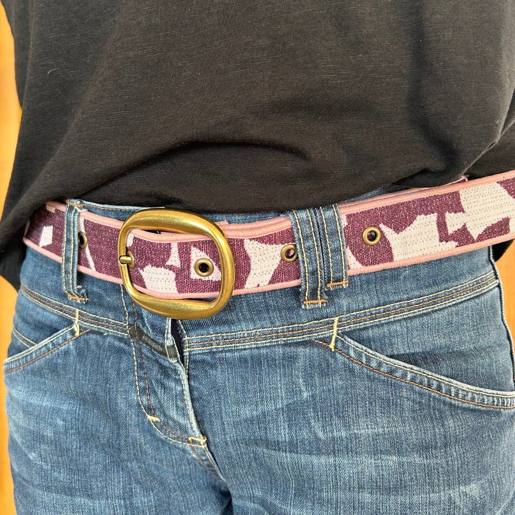 Ceinture en tissu d’ameublement aubergine & rose pâle – pièce unique 38/42