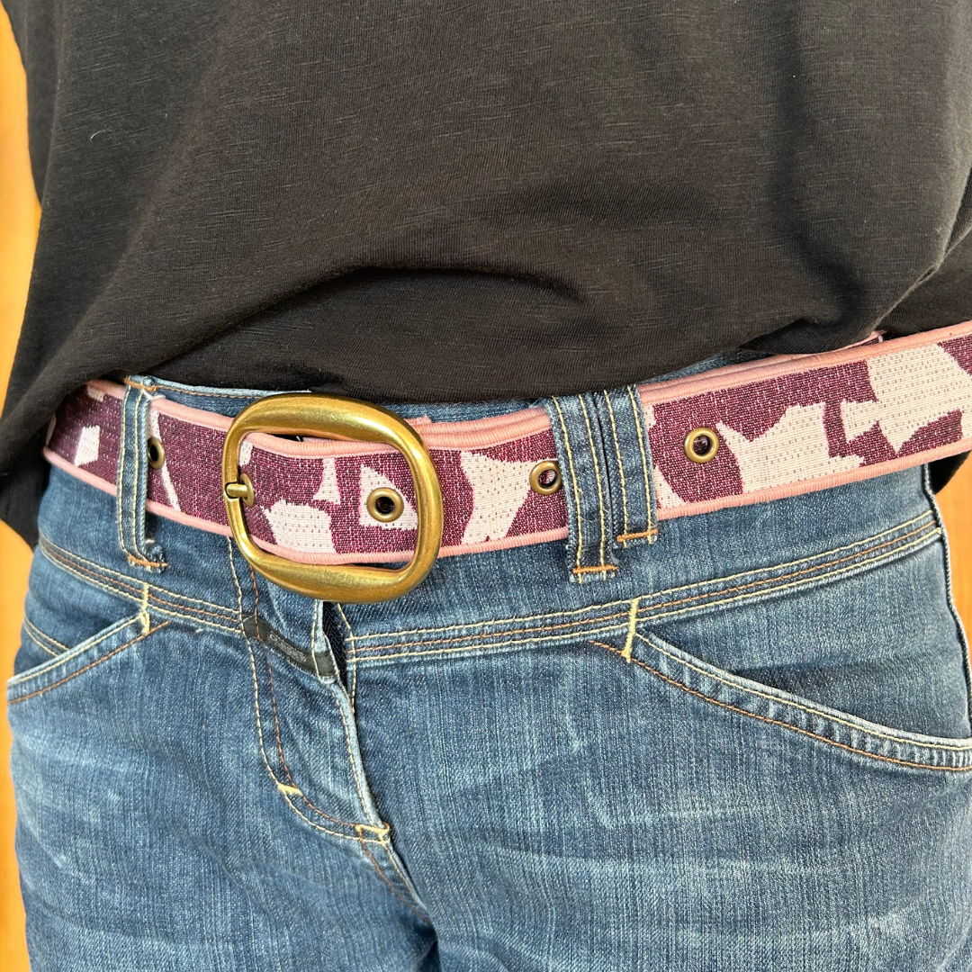 Ceinture en tissu d’ameublement aubergine & rose pâle – pièce unique 38/42