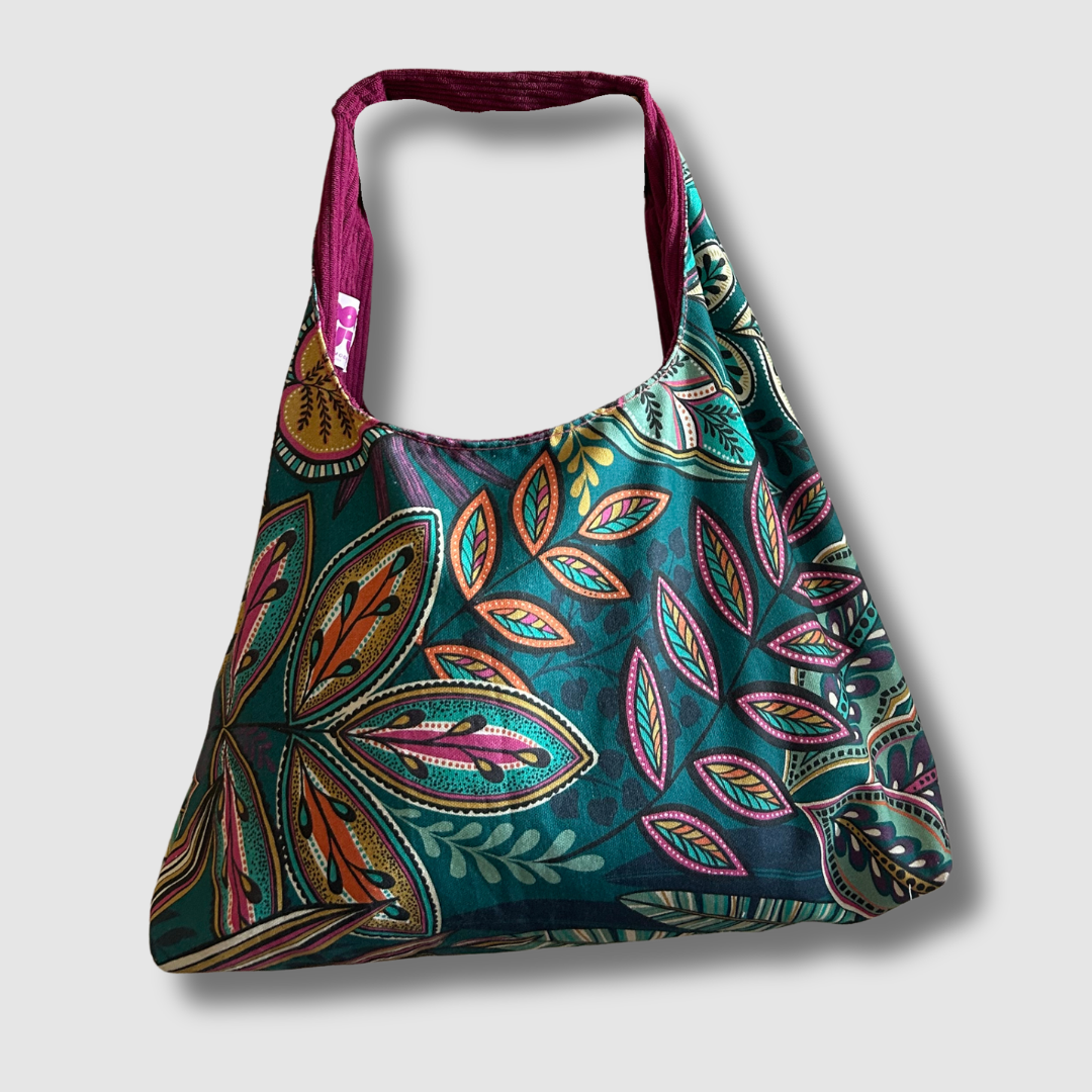 Sac à main réversible en velours et tissus d'ameublement - framboise et émeraude