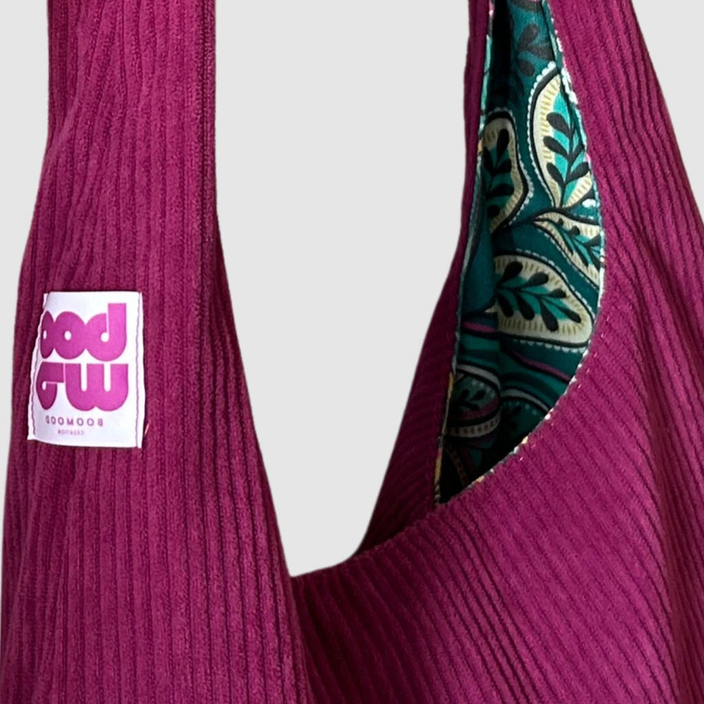 Sac à main réversible en velours et tissus d'ameublement - framboise et émeraude