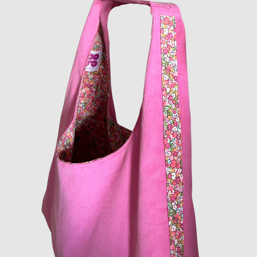 Sac à main réversible en velours et tissu type Liberty - camaïeu de rose
