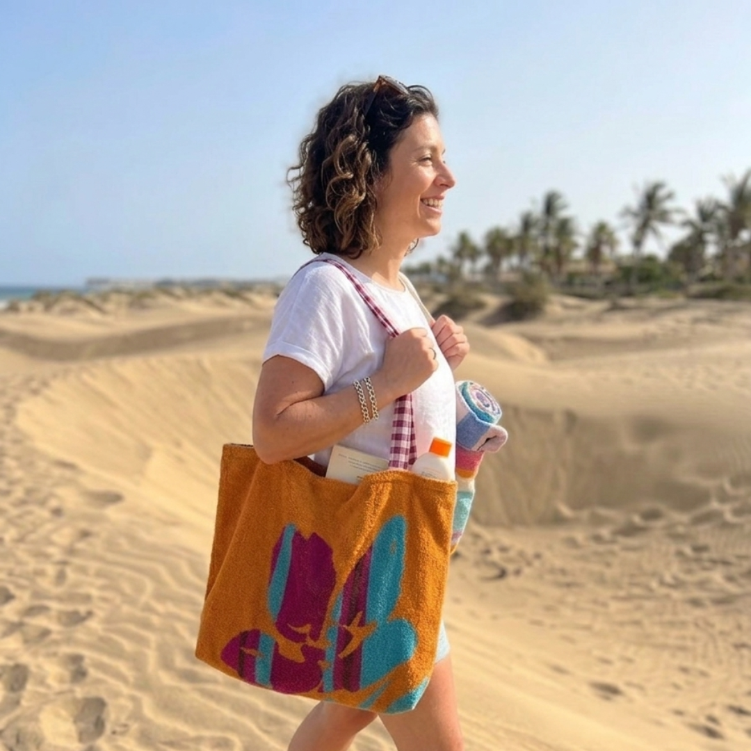 Sac de plage réversible - éponge recyclée et carreaux vichy - jaune et aubergine