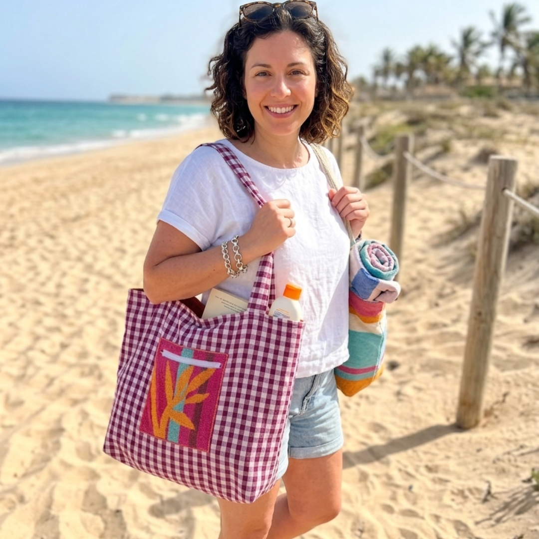 Sac de plage réversible - éponge recyclée et carreaux vichy - jaune et aubergine