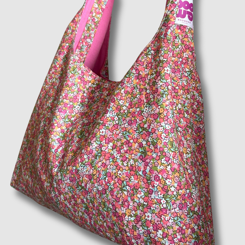 Sac à main réversible en velours et tissu type Liberty - camaïeu de rose