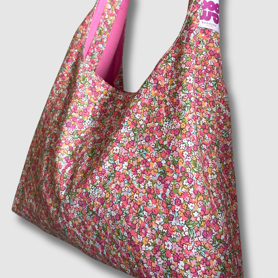 Sac à main réversible en velours et tissu type Liberty - camaïeu de rose