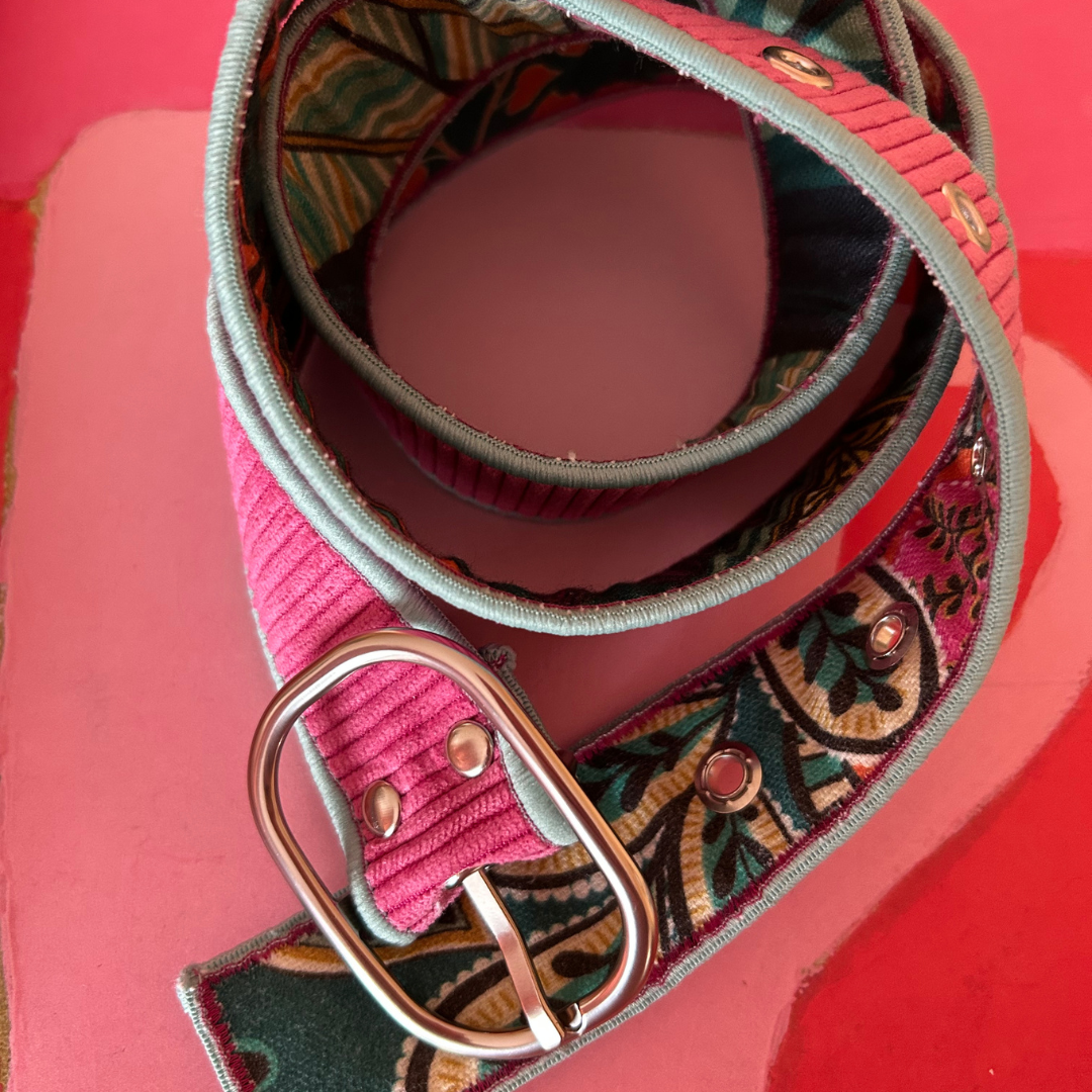 Ceinture en velours & tissu d’ameublement rose et turquoise – pièce unique 36/38