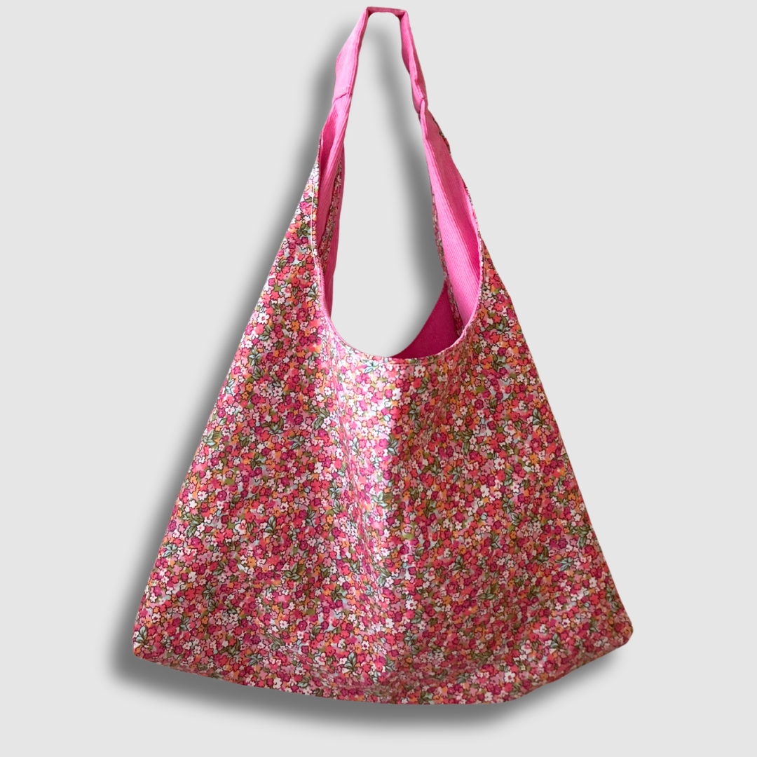 Sac à main réversible en velours et tissu type Liberty - camaïeu de rose