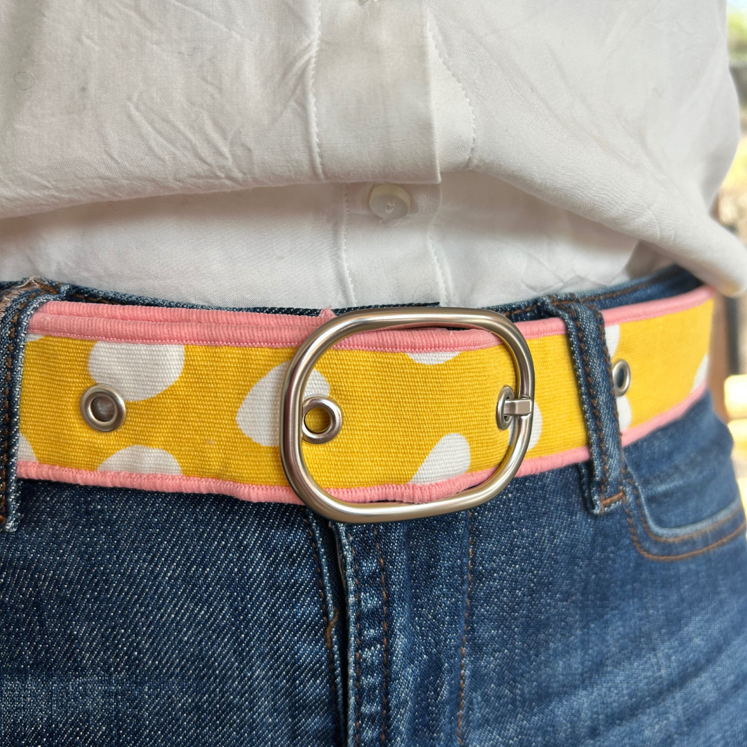 Ceinture en tissu d’ameublement jaune à pois blancs – taille 38-40