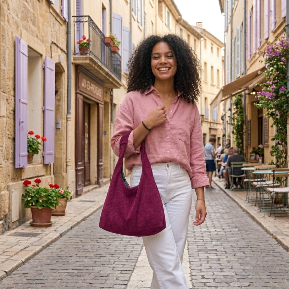 Sac à main réversible en velours et tissus d'ameublement - framboise et émeraude