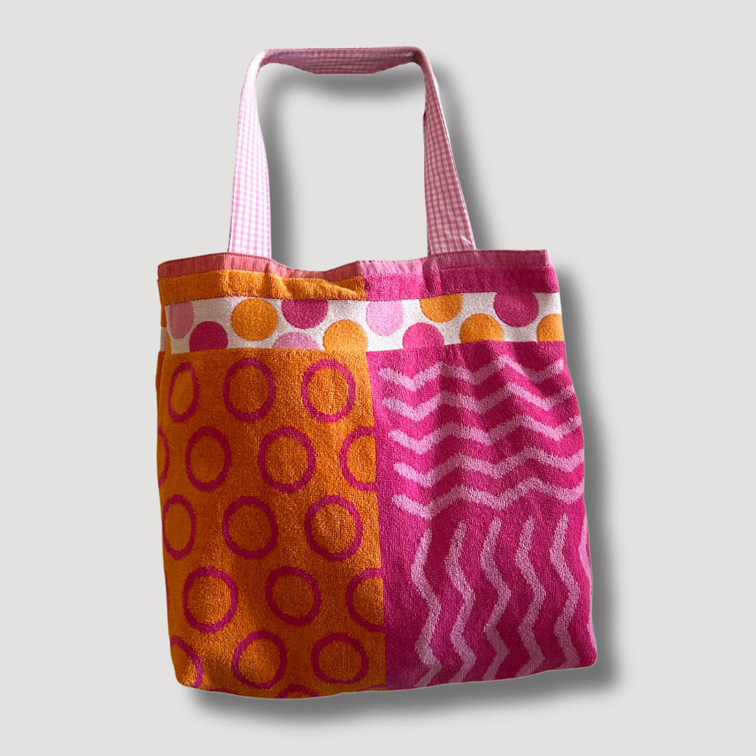 Sac de plage réversible - éponge recyclée et carreaux vichy - camaïeu orange, rose et fushia
