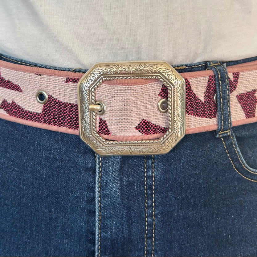 Ceinture en tissu d’ameublement rose pâle et aubergine – pièce unique 38/42