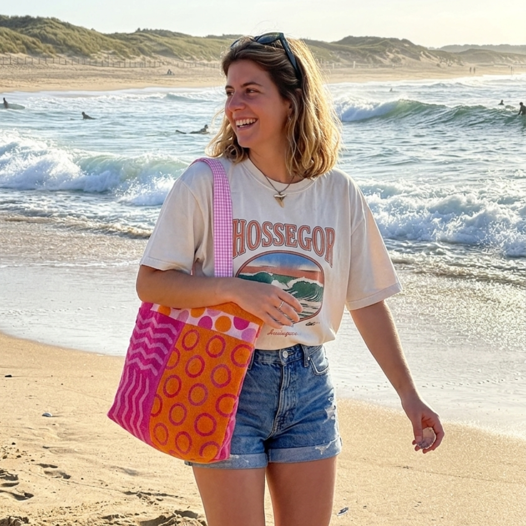 Sac de plage réversible - éponge recyclée et carreaux vichy - camaïeu orange, rose et fushia