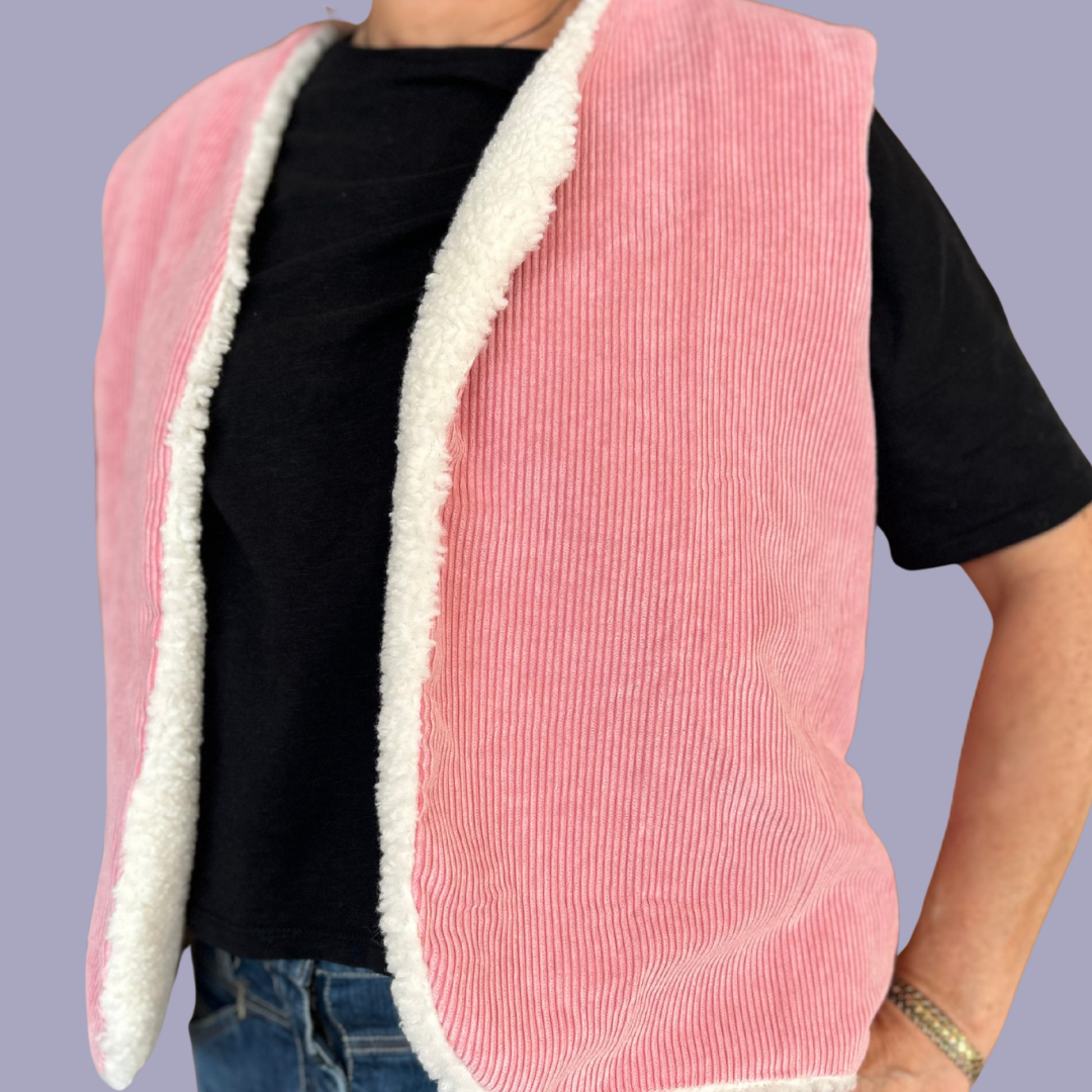 Gilet réversible en velours côtelé rose et sherpa crème - pièce unique 38-42