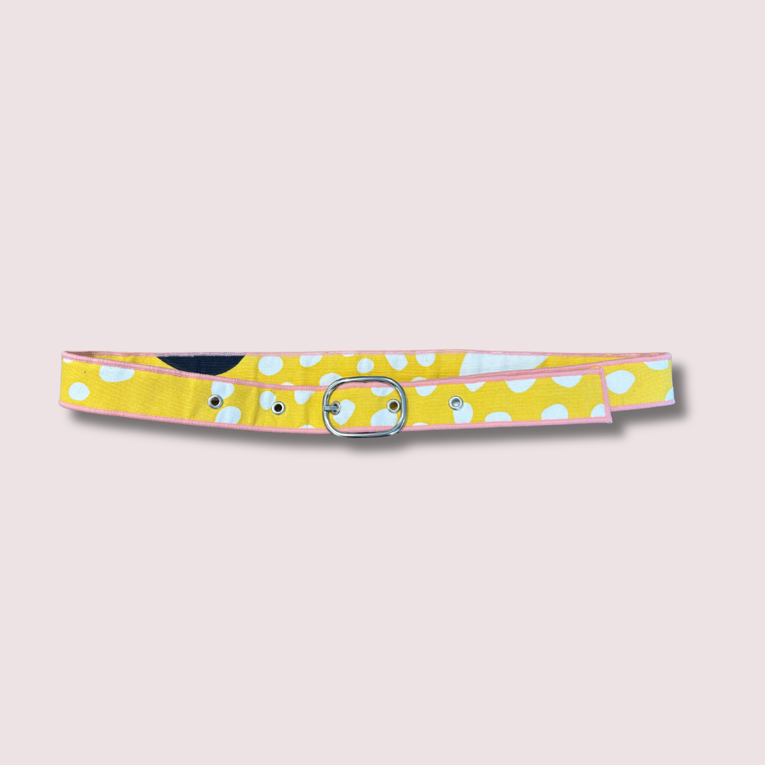 Ceinture en tissu d’ameublement jaune à pois blancs – taille 38-40