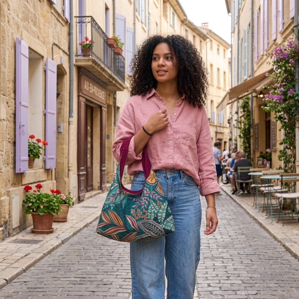 Sac à main réversible en velours et tissus d'ameublement - framboise et émeraude