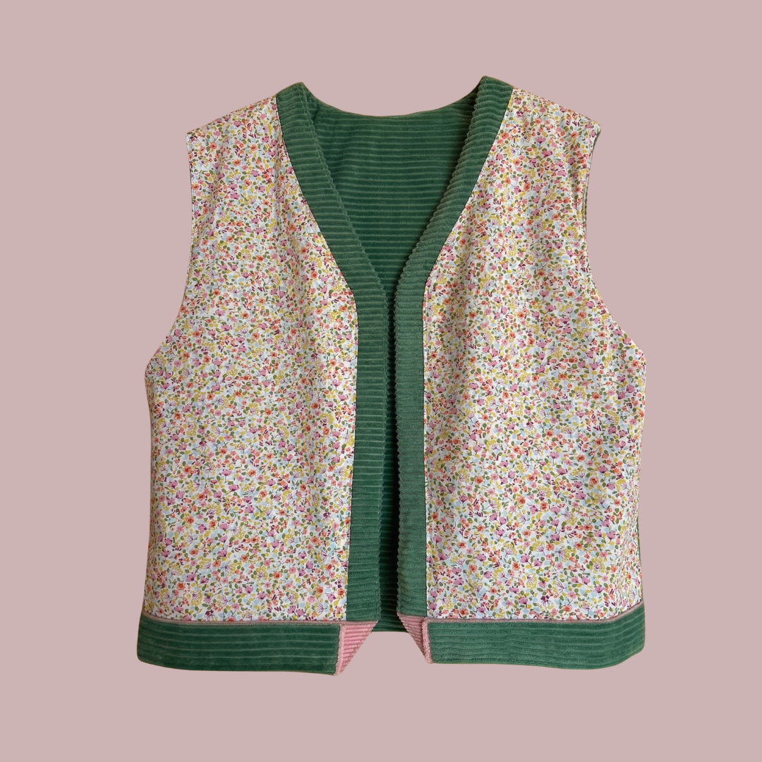 Gilet réversible velours vert - Imprimé style Liberty fleuri - pièce unique 38/42
