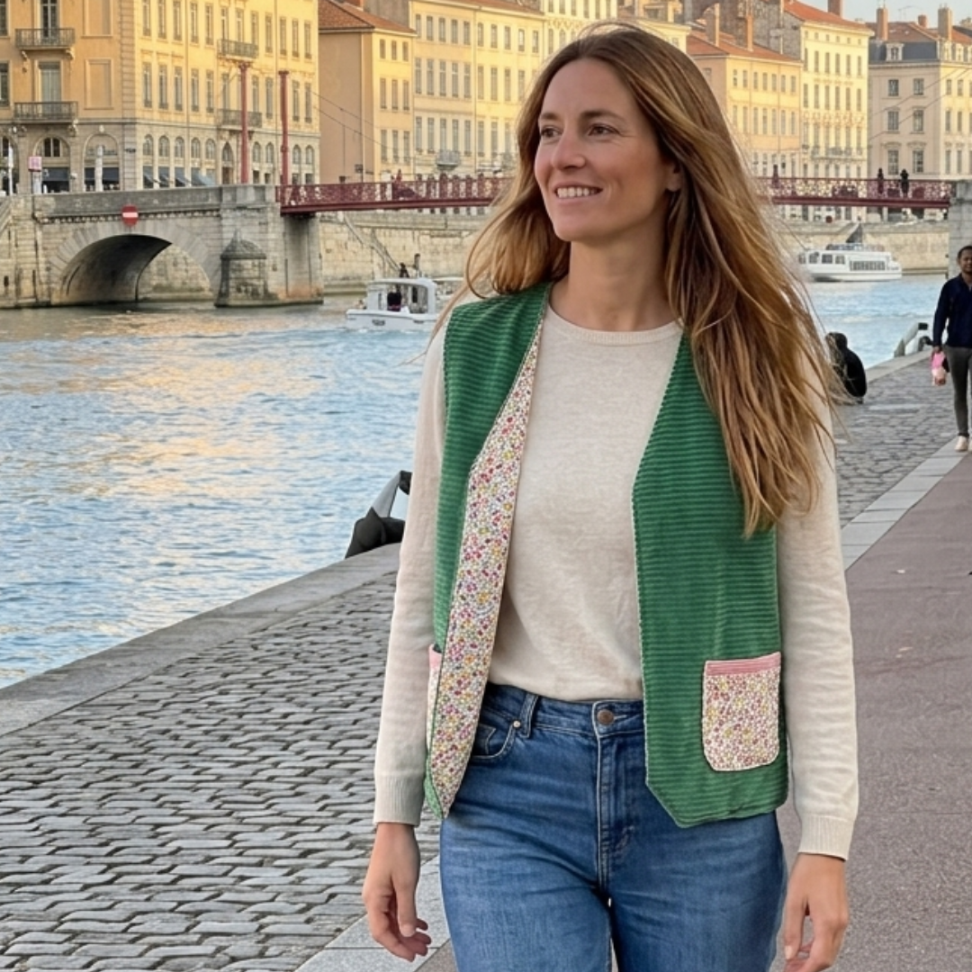 Gilet réversible velours vert - Imprimé style Liberty fleuri - pièce unique 38/42