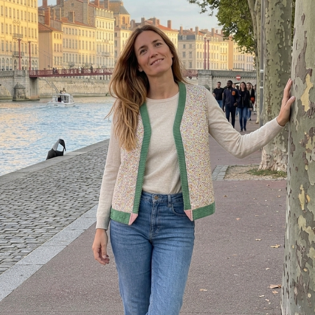 Gilet réversible velours vert - Imprimé style Liberty fleuri - pièce unique 38/42