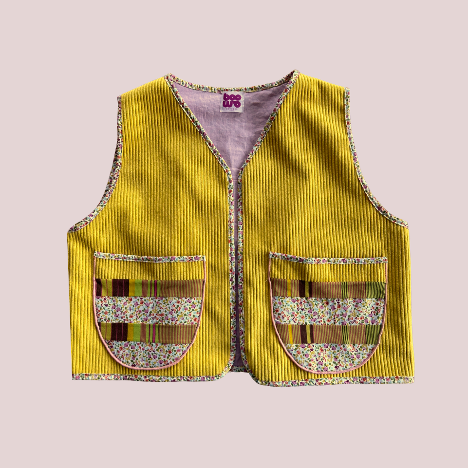 Gilet en velours jaune - bordure fleuri - pièce unique 40/44