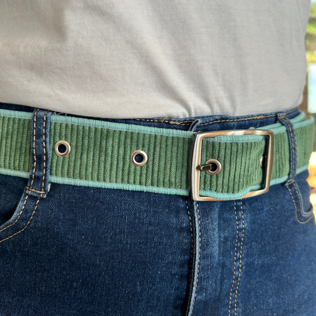 Ceinture en velours & tissu d’ameublement vert & parme – pièce unique 38/42