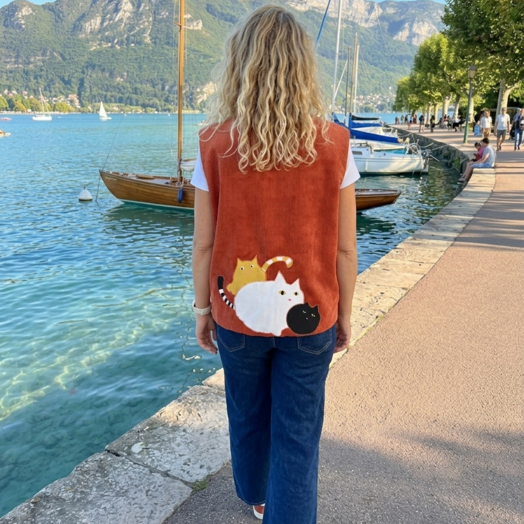 Gilet sans manches réversible en velours – Poches sherpa & imprimé chats (orange/brique) - pièce artisanale unique - taille unique 38-42