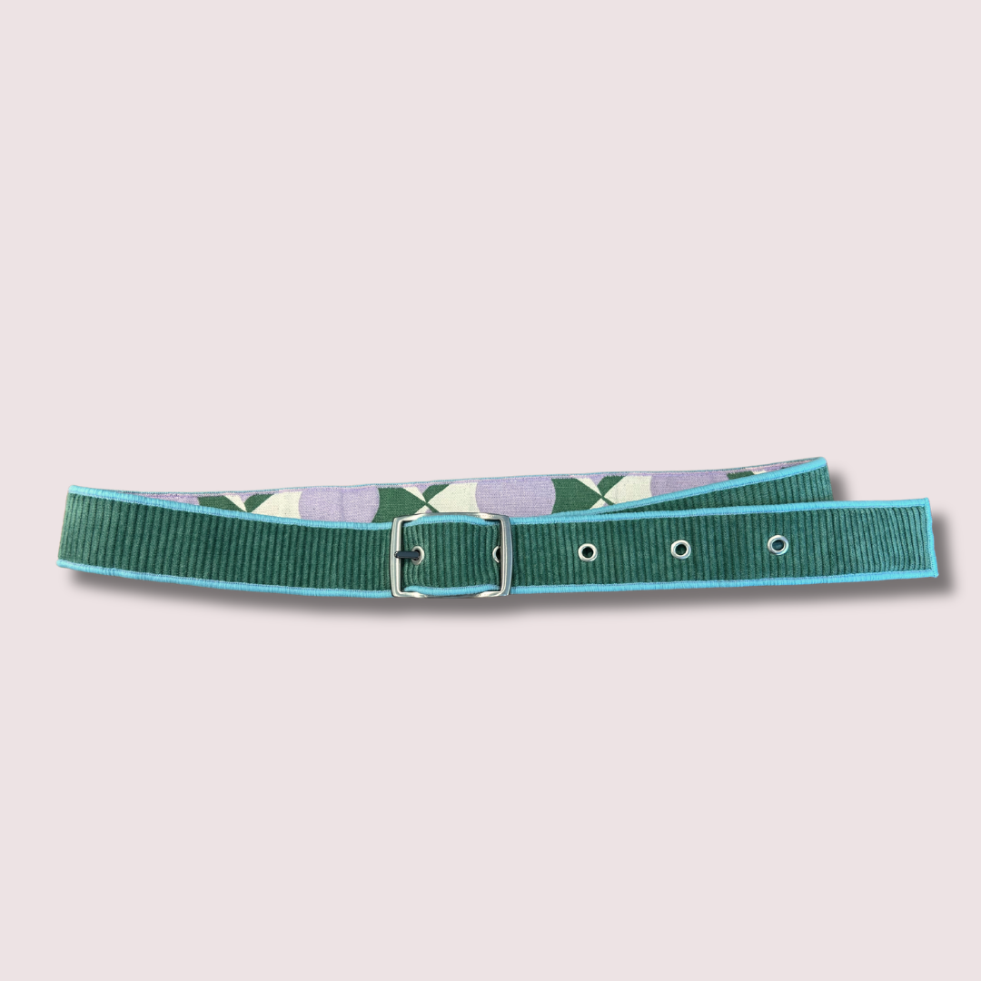 Ceinture en velours & tissu d’ameublement vert & parme – pièce unique 38/42