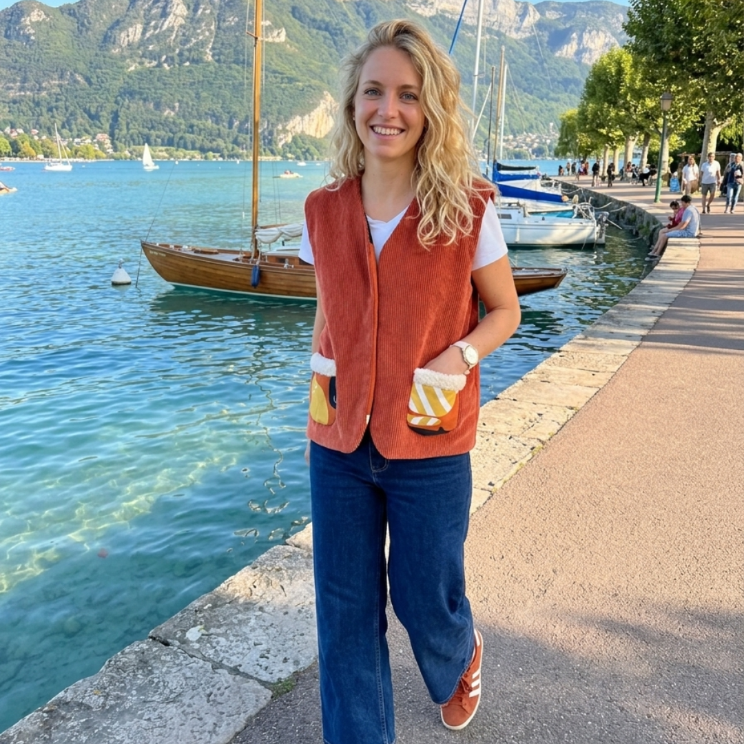 Gilet sans manches réversible en velours – Poches sherpa & imprimé chats (orange/brique) - pièce artisanale unique - taille unique 38-42