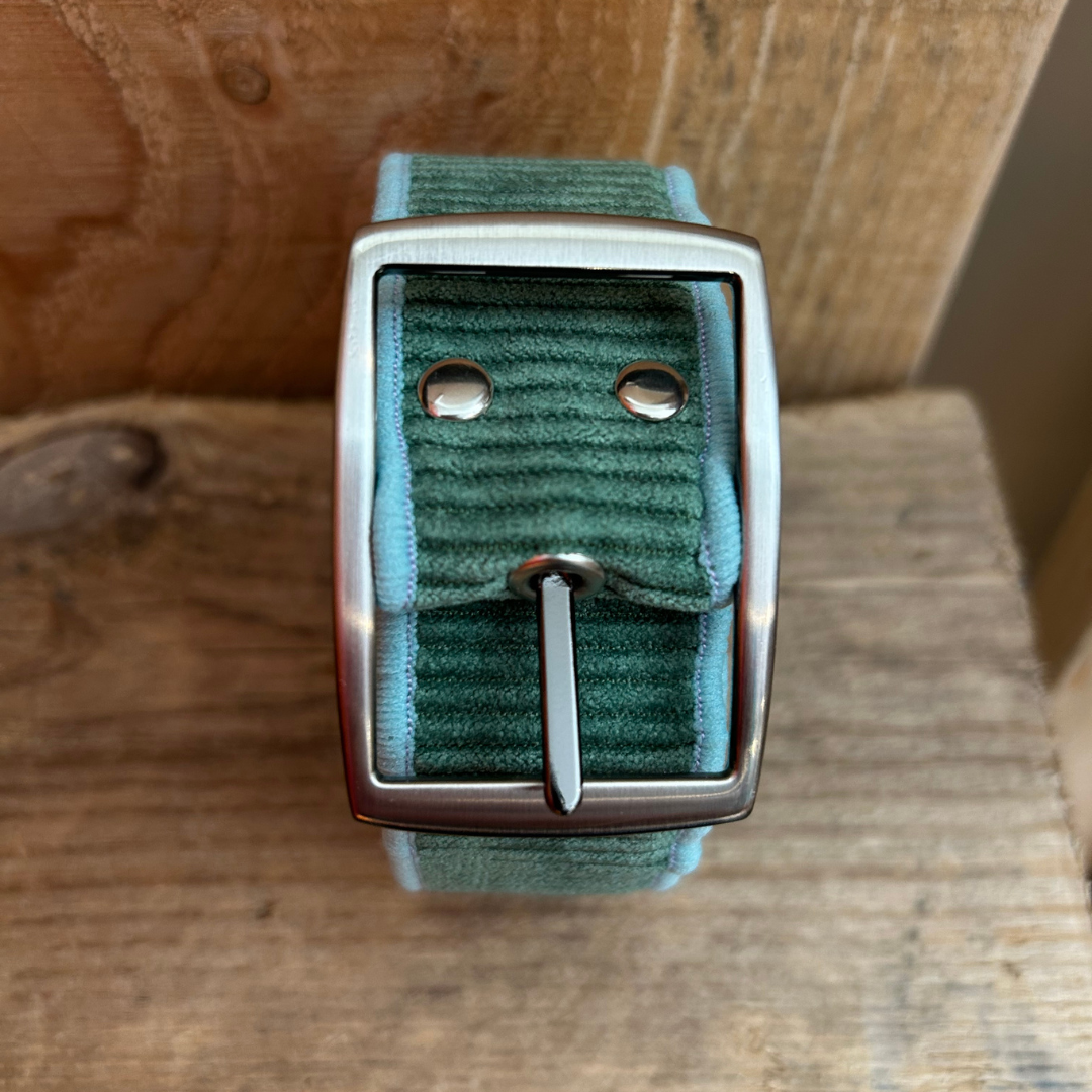 Ceinture en velours & tissu d’ameublement vert & parme – pièce unique 38/42