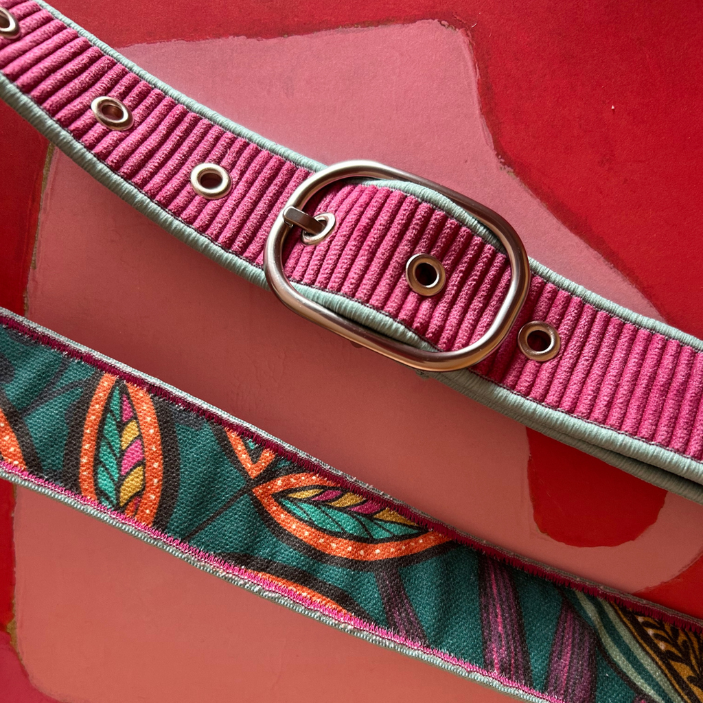 Ceinture en velours & tissu d’ameublement rose et turquoise – pièce unique 36/38