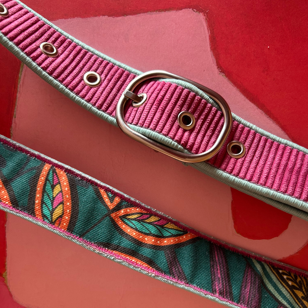 Ceinture en velours & tissu d’ameublement rose et turquoise – pièce unique 36/38