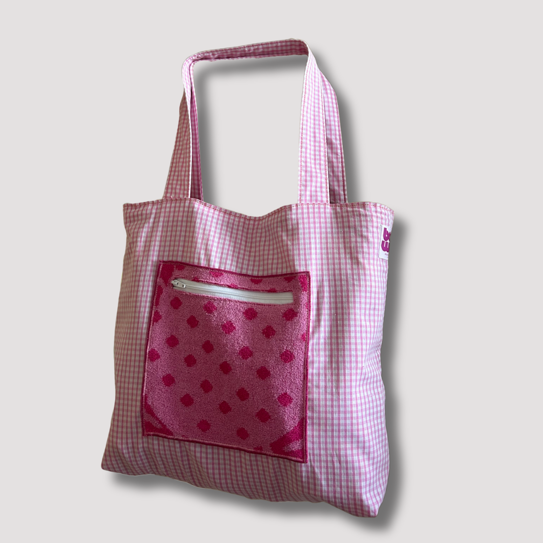 Sac de plage réversible - éponge recyclée et carreaux vichy - camaïeu orange, rose et fushia