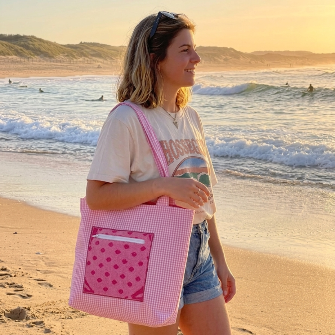 Sac de plage réversible - éponge recyclée et carreaux vichy - camaïeu orange, rose et fushia