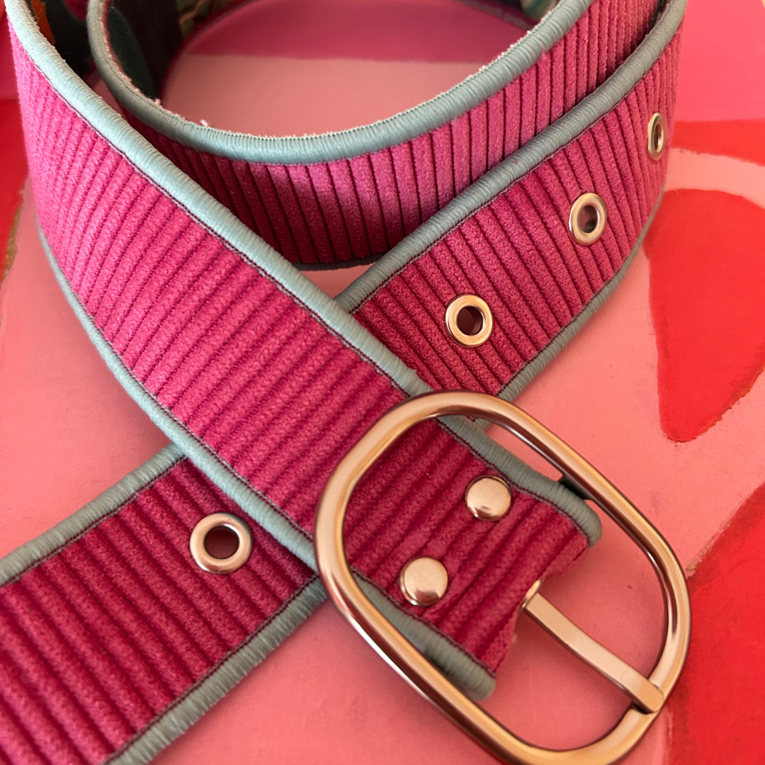 Ceinture en velours & tissu d’ameublement rose et turquoise – pièce unique 36/38