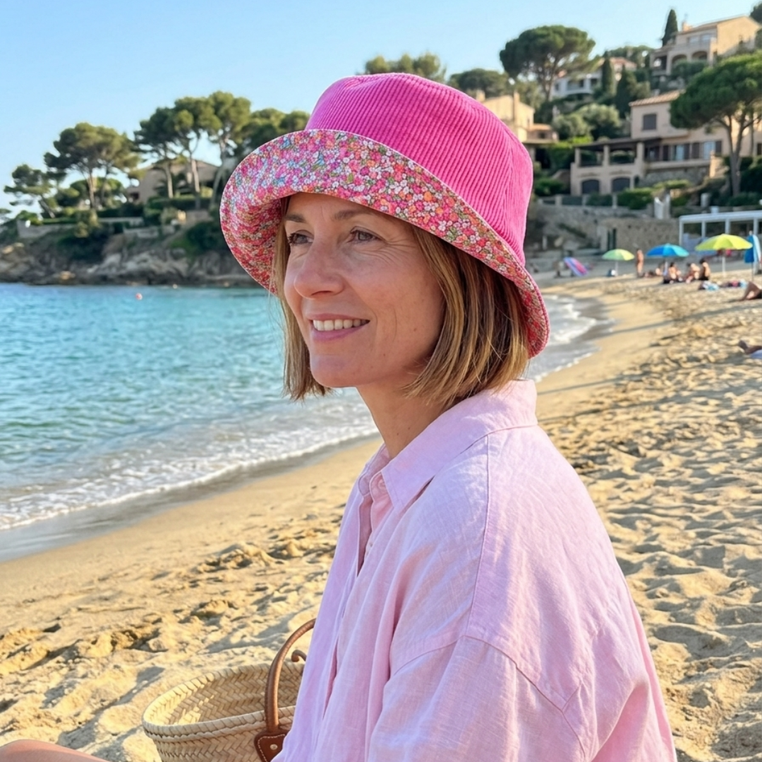 Bob Réversible – Fleuri & Velours côtelé rose fuchsia - Taille M