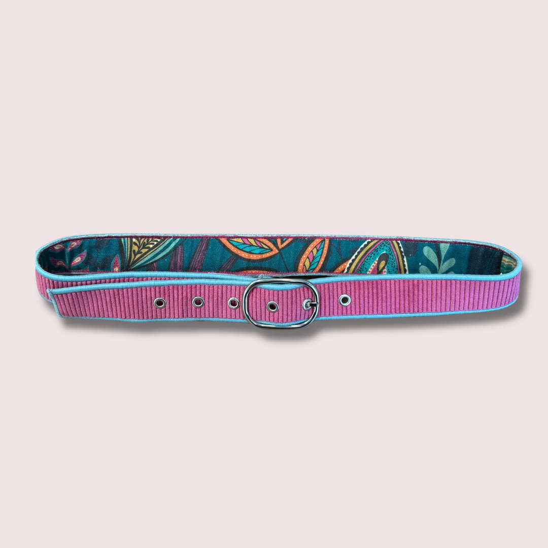 Ceinture en velours & tissu d’ameublement rose et turquoise – pièce unique 36/38