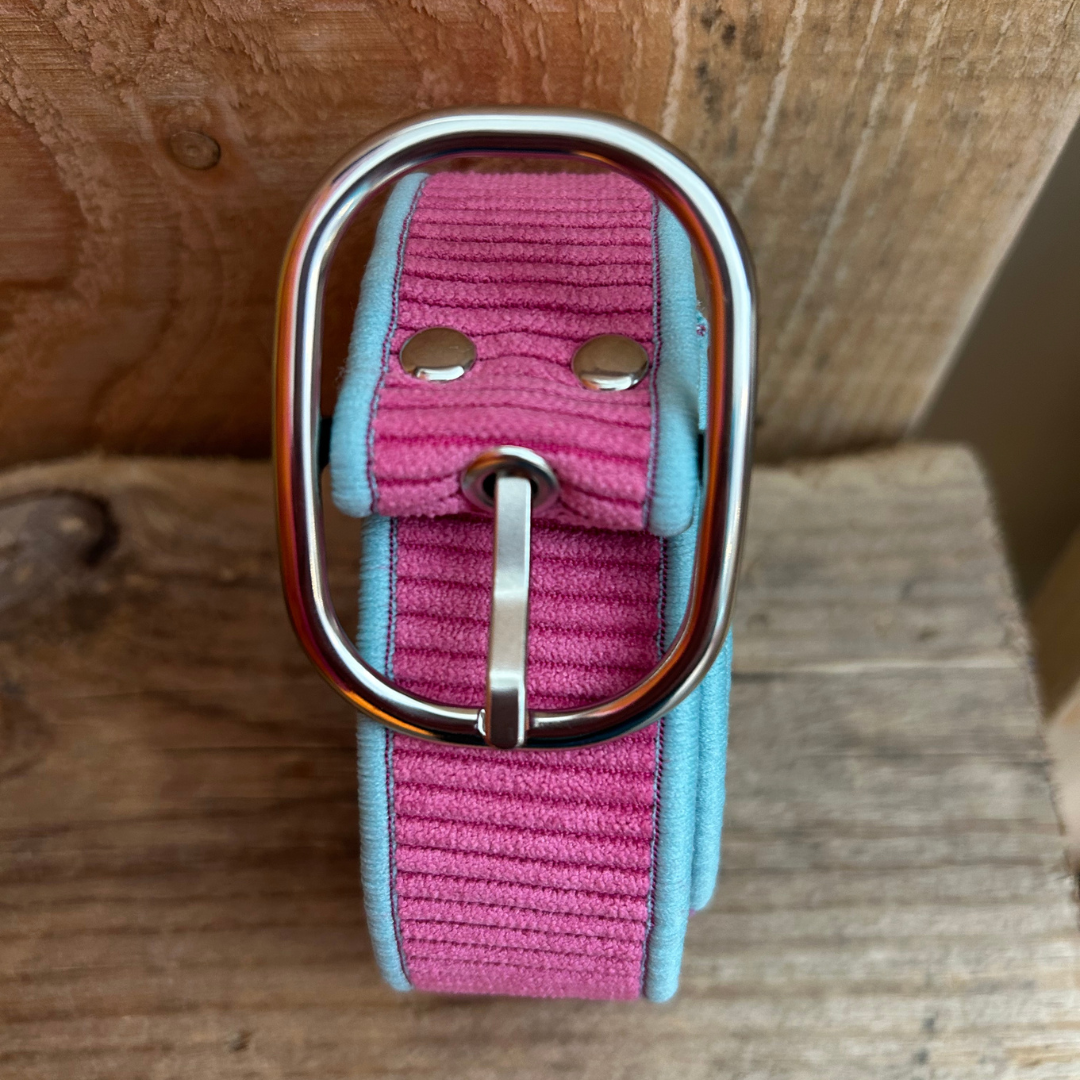 Ceinture en velours & tissu d’ameublement rose et turquoise – pièce unique 36/38