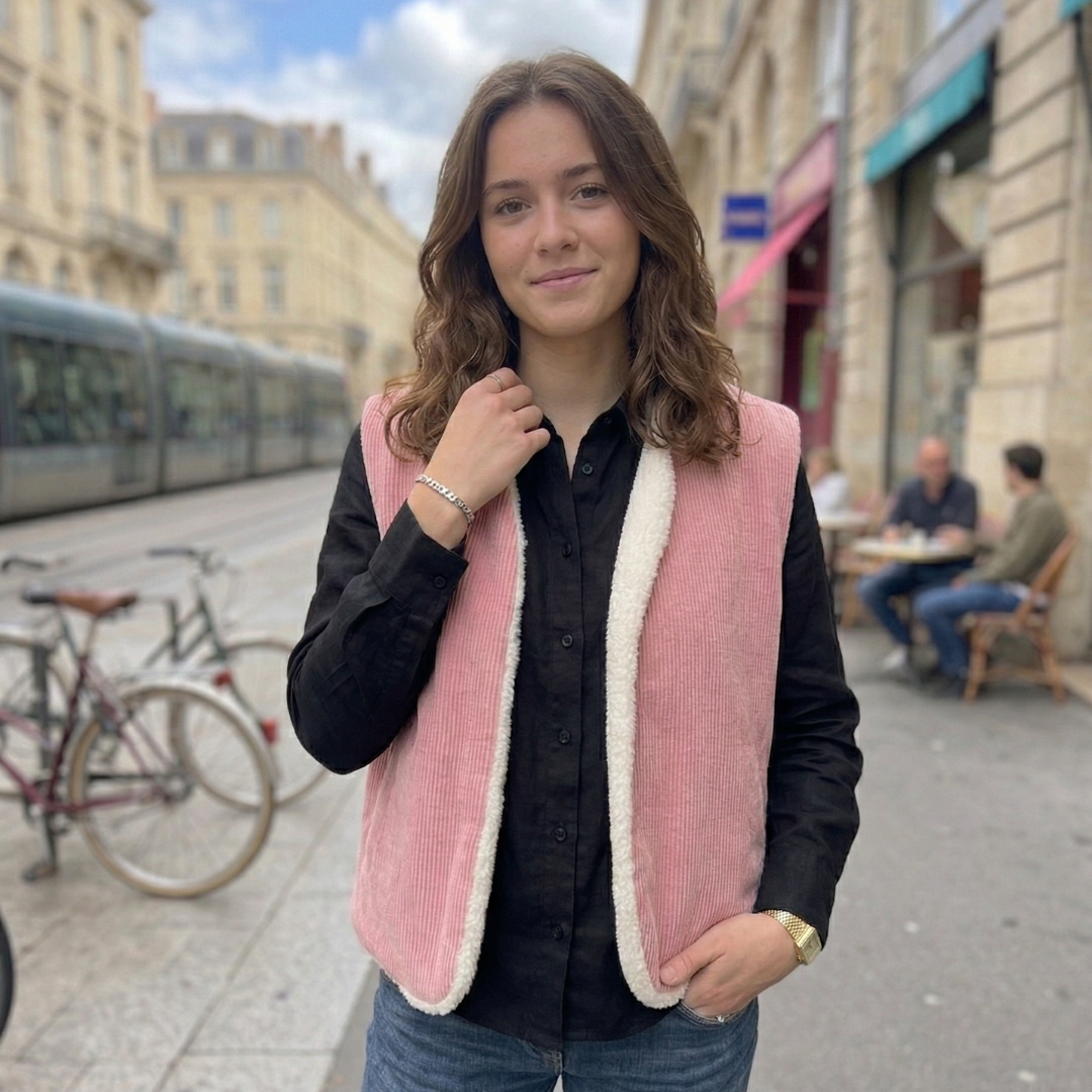 Gilet réversible en velours côtelé rose et sherpa crème - pièce unique 38-42