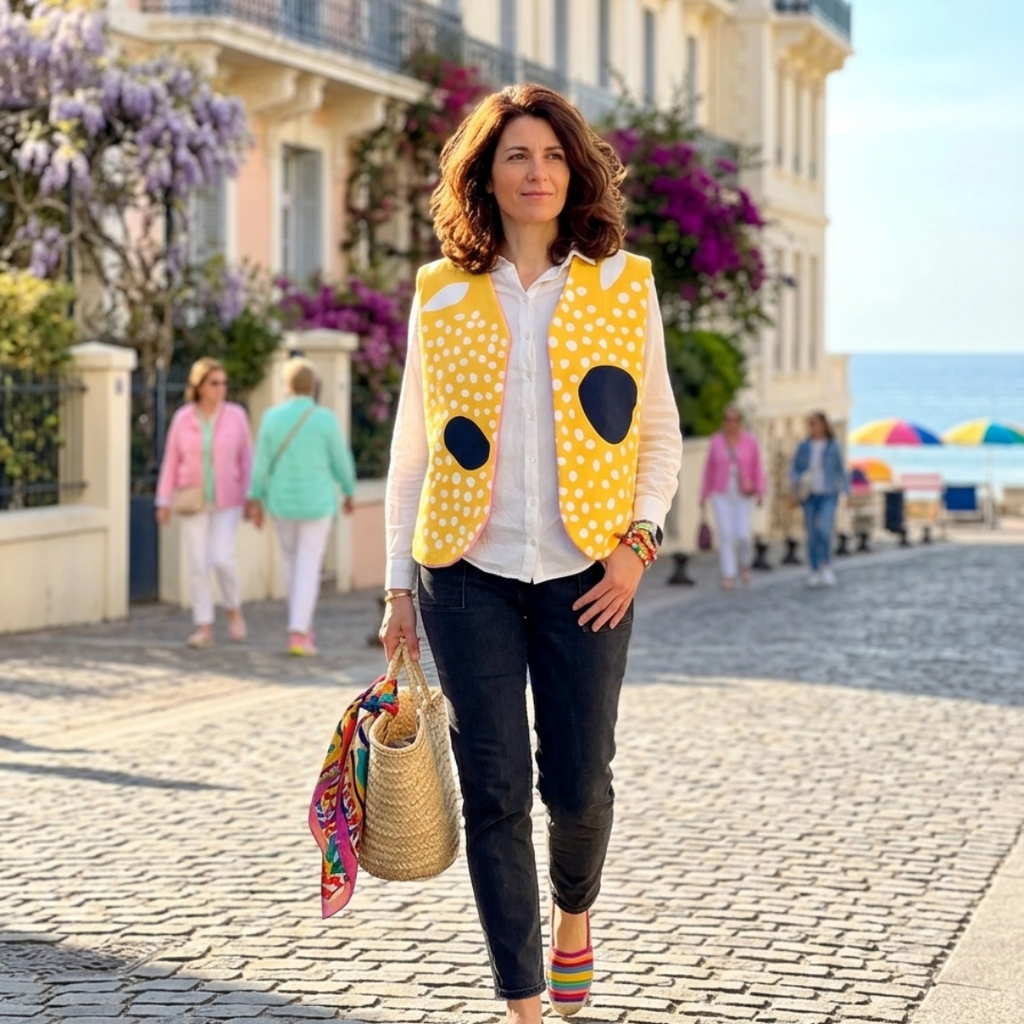 Gilet sans manches réversible laine polaire & tissu d’ameublement jaunes & rose  – pièce unique 38/40