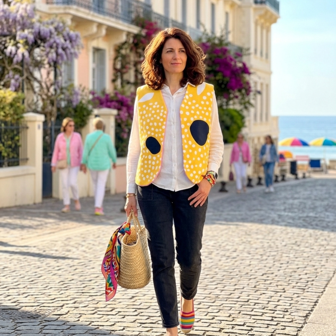 Gilet sans manches réversible laine polaire & tissu d’ameublement jaunes & rose  – pièce unique 38/40