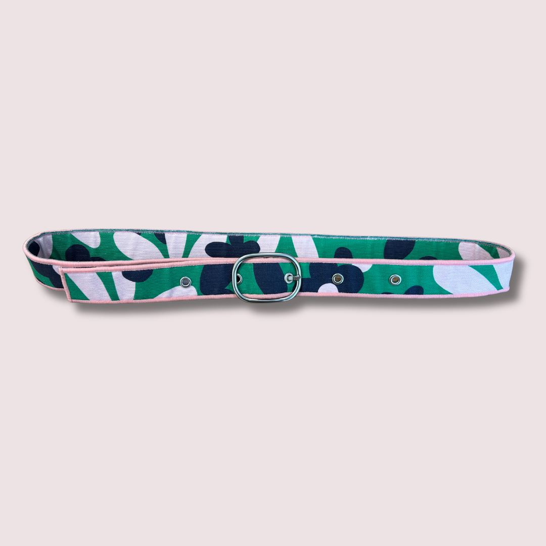 Ceinture en tissu d’ameublement vert, bleu & rose jungle – taille 38-40