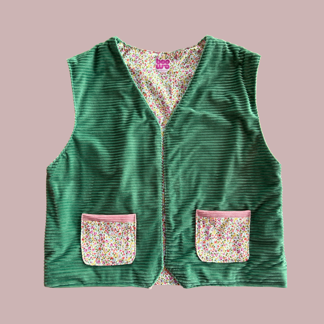 Gilet réversible velours vert - Imprimé style Liberty fleuri - pièce unique 38/42