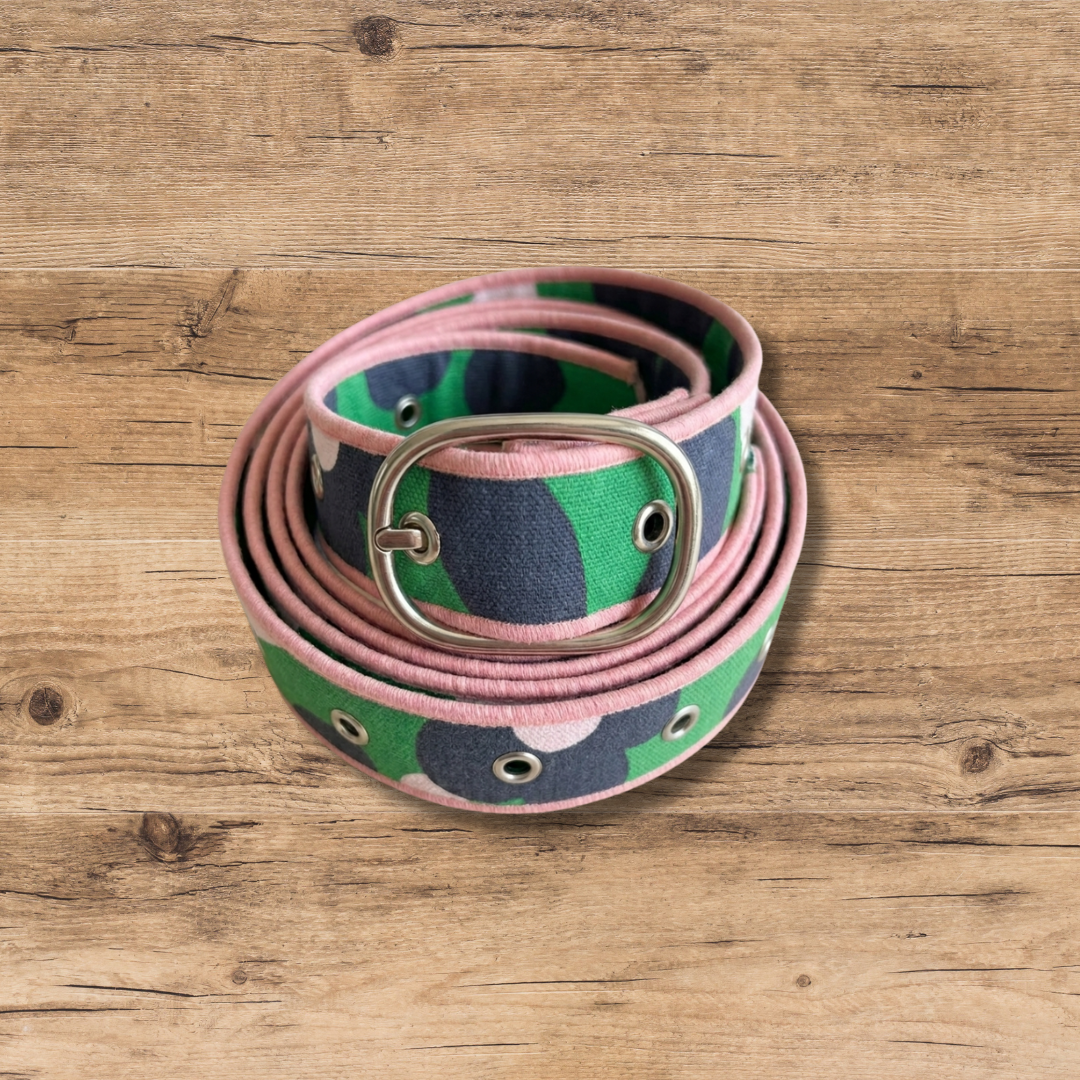 Ceinture en tissu d’ameublement vert, bleu & rose jungle – taille 38-40