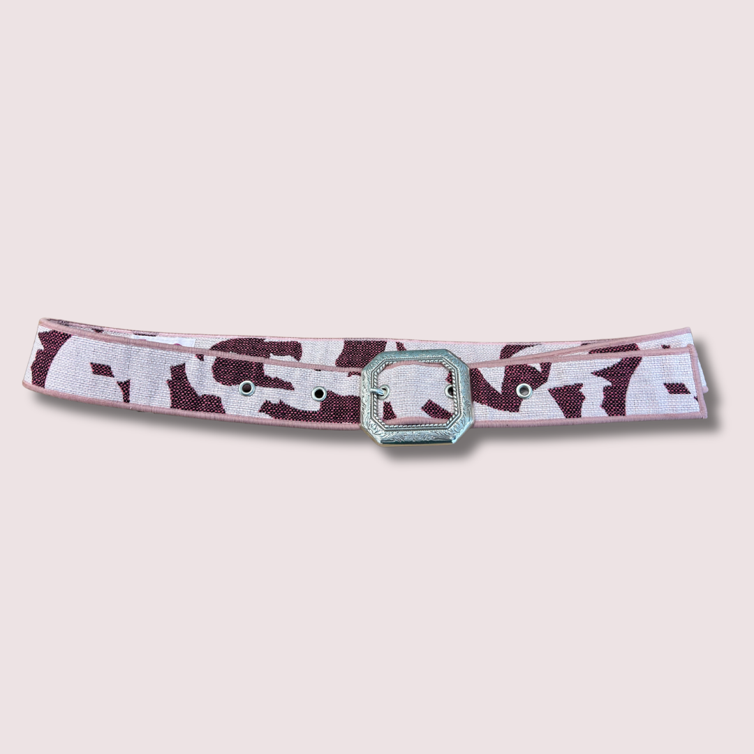 Ceinture en tissu d’ameublement rose pâle et aubergine – pièce unique 38/42