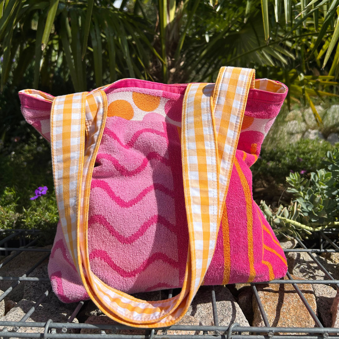 Sac de plage réversible - éponge recyclée & gros carreaux vichy - jaune, camaïeu rose et fushia